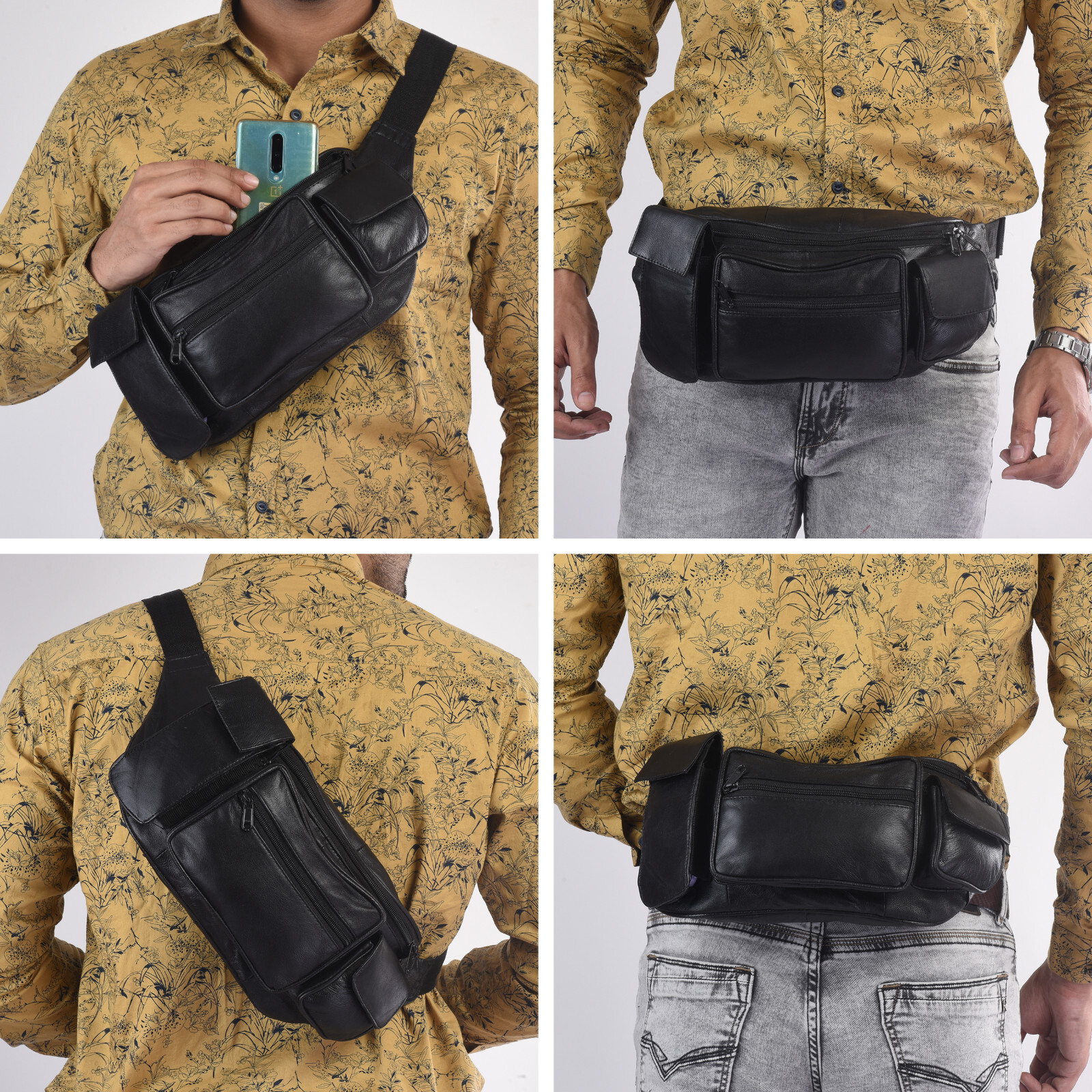 Fanny Pack Sling Bag Black Lambskin Leather Waist Bum Belt Pouch Chest Crossbody