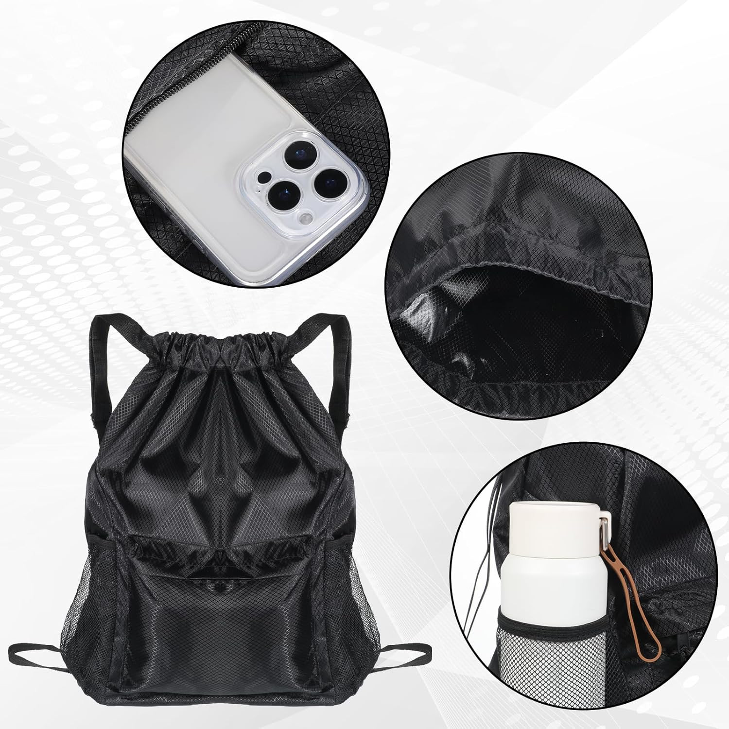 String Backpack, Sports Gym Drawstring Backpack with Water Bottle Pocket Black W
