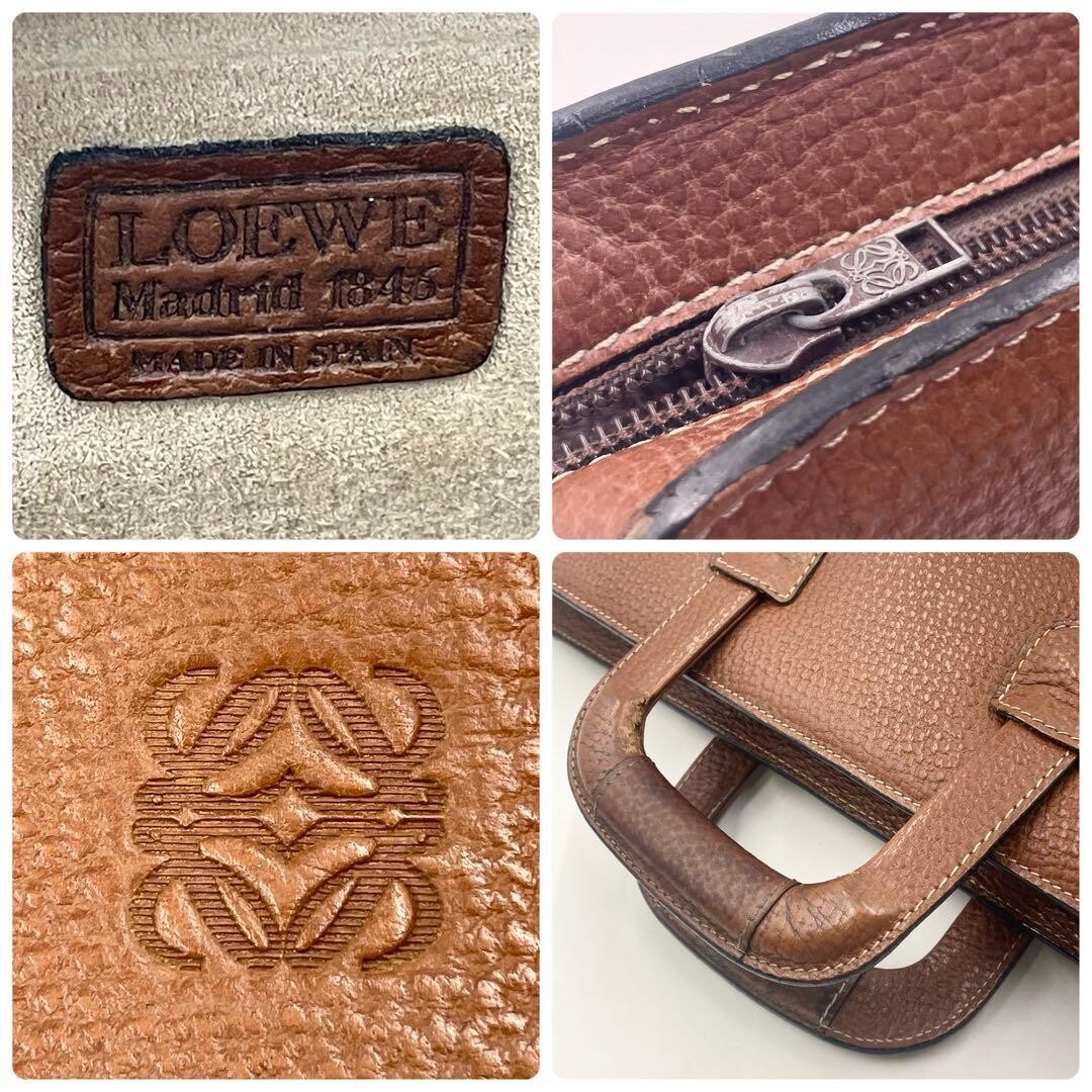 LOEWE Anagram Brown Leather Briefcase Mens Business Bag A4 PC Storage 42cm