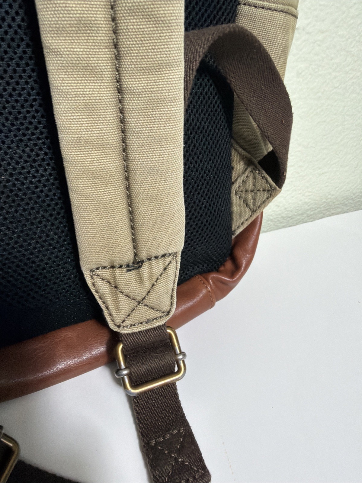 Fossil Estate Canvas Leather Backpack Beige Brown Stained 16x10x5