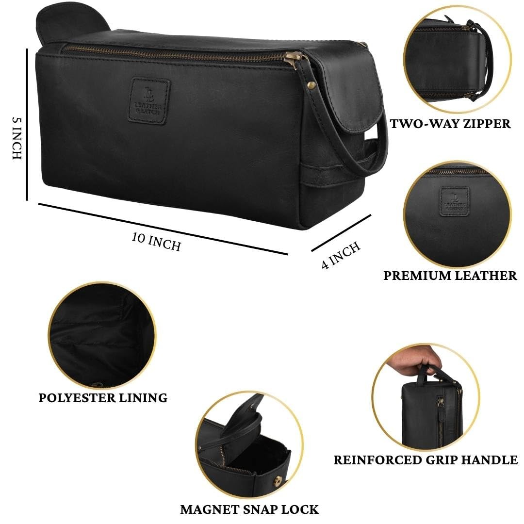 Full Grain Leather Toiletry Kit for Men & Women 10″ x 5″ x 4.5″, Matte Black