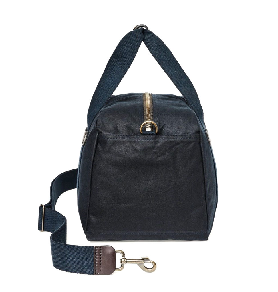 Filson Tin Cloth Duffle Bag Small Tan Navy Waxed Cotton Canvas Bridle Leather