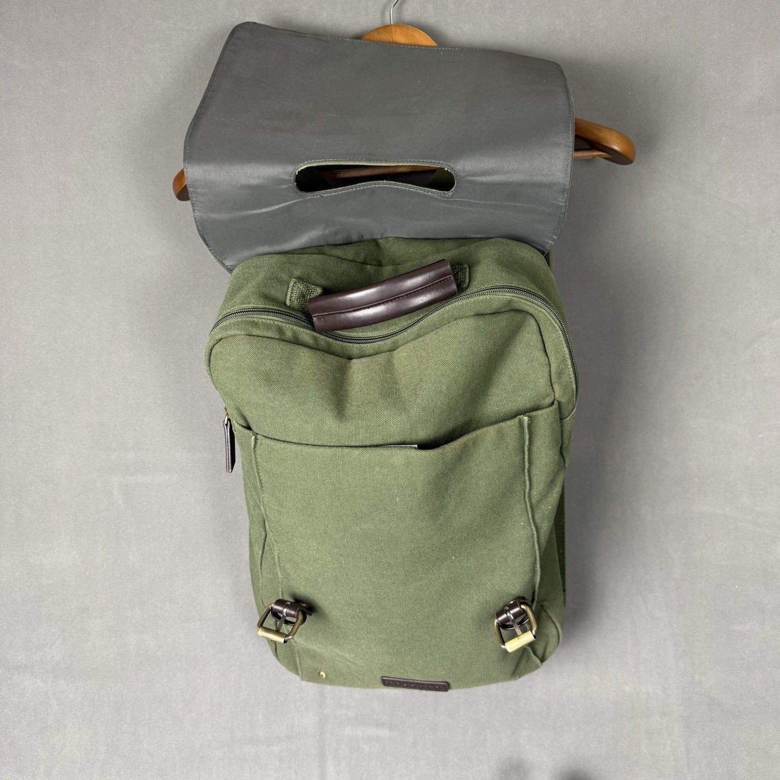 COBB & CO Olive Green Canvas Laptop Backpack Brown Trim Rucksack