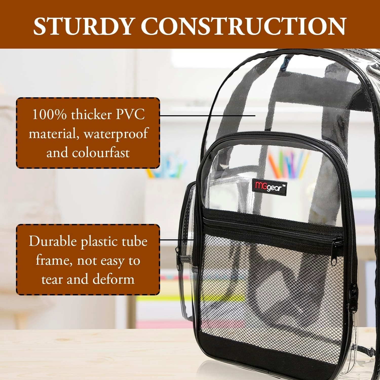 17 Inch Clear PVC Backpack with Black Trim and 5 Zipper Compartments, Transparen