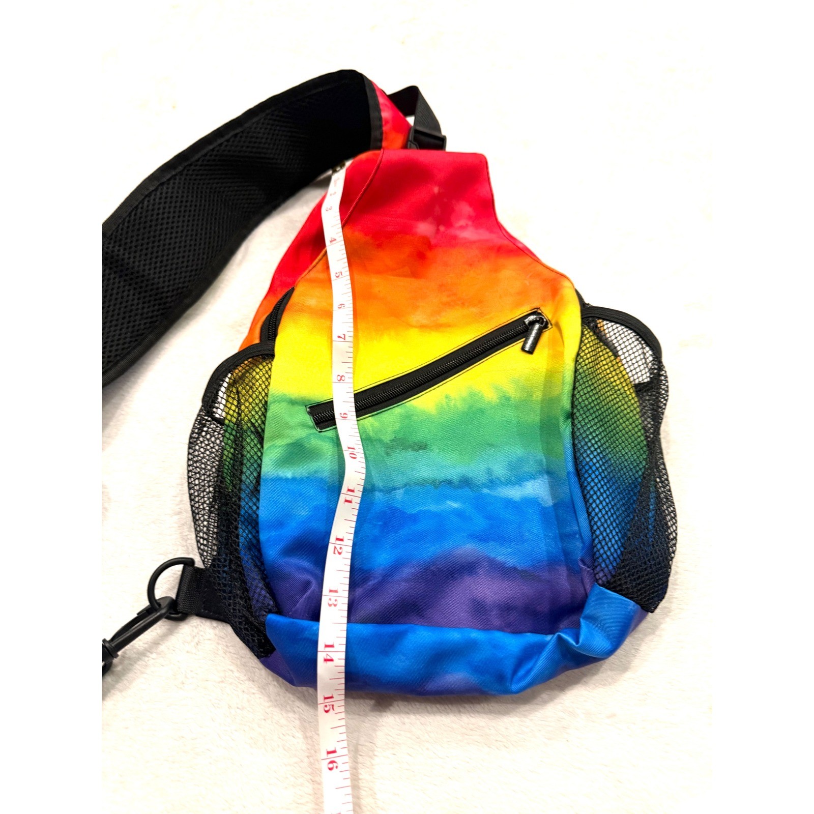 Rainbow Tie Dye Sling Bag Crossbody Backpack Festival Travel Mesh Pockets 15in