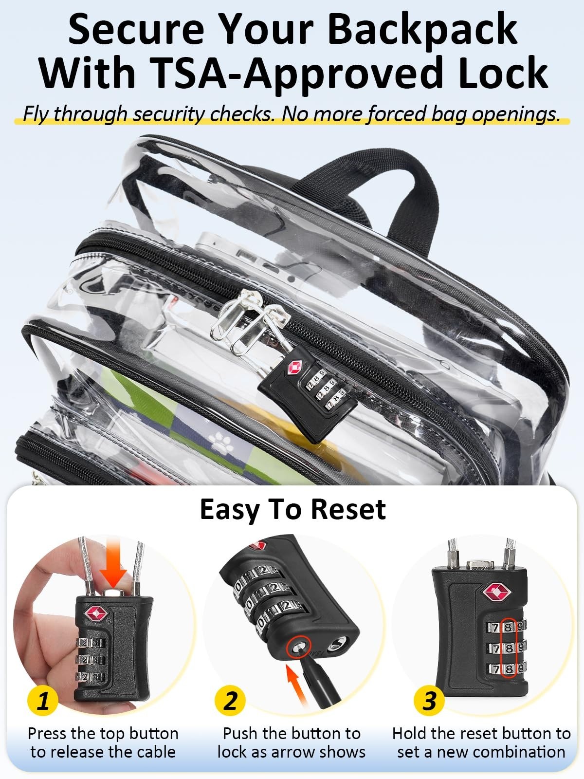 Heavy Duty Clear Backpack with TSA Lock – 18″ Transparent Bookbag for College, T