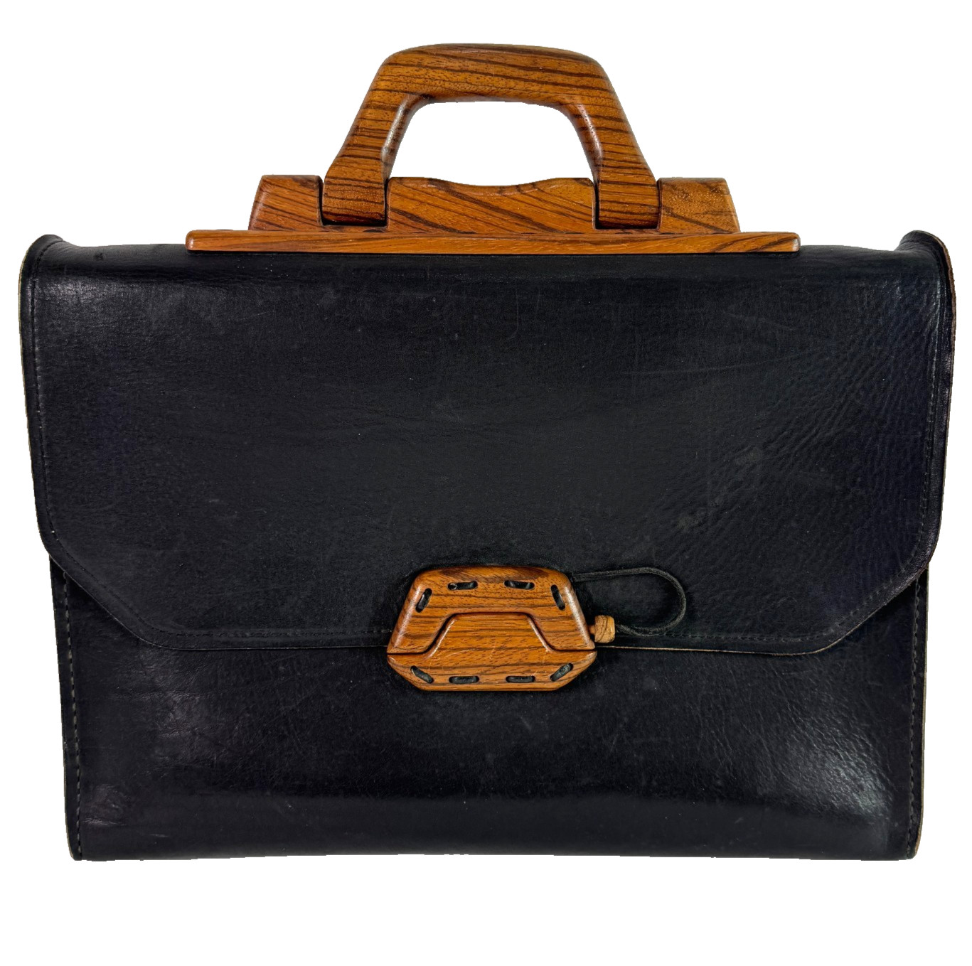 Vintage Cuendet Studio Handcrafted Briefcase Bag Leather Cowhide Bubinga Wood