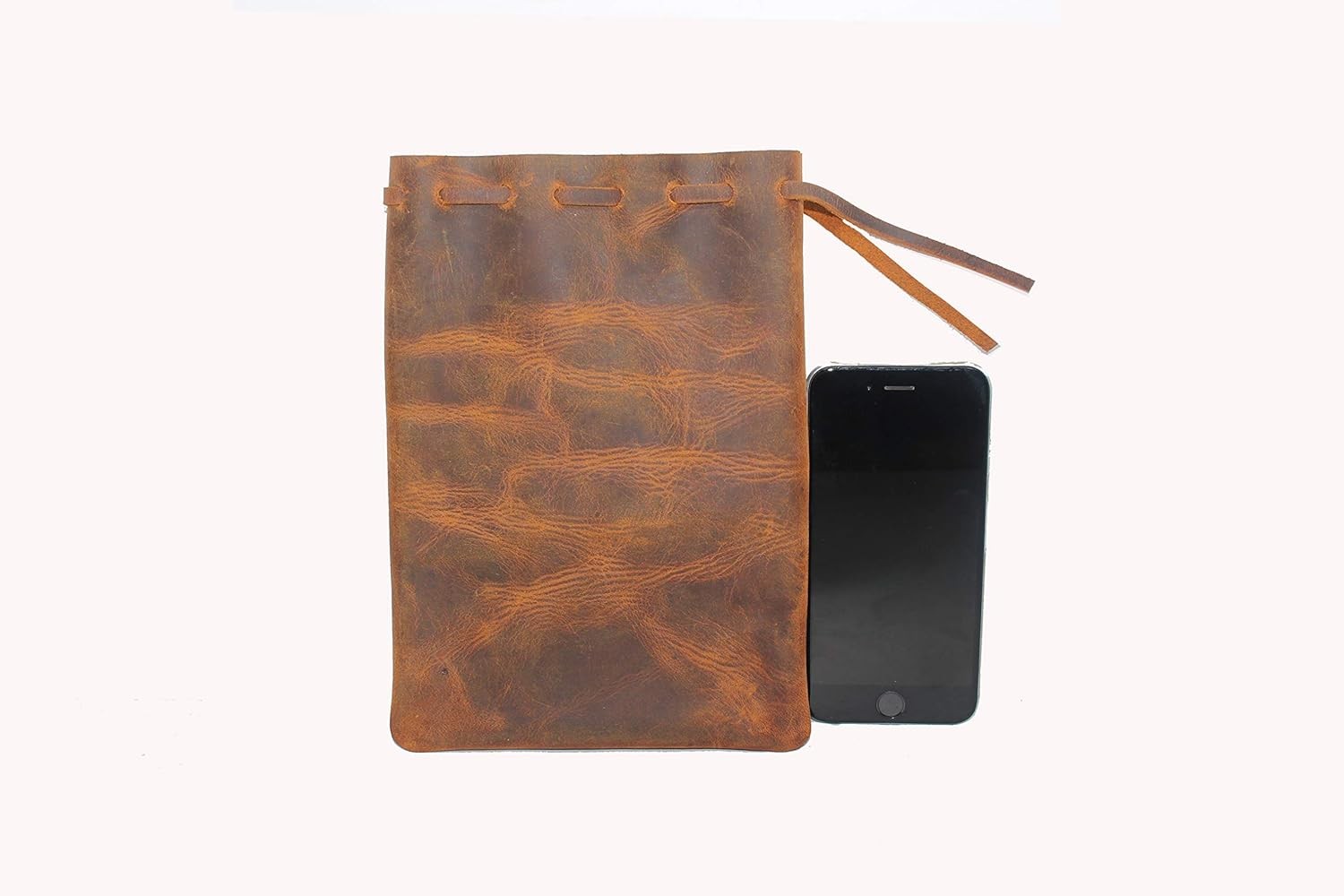 Leather Drawstring Pouch multipurpose Medieval 12 cm x 7.5 cm, Vintage Brown