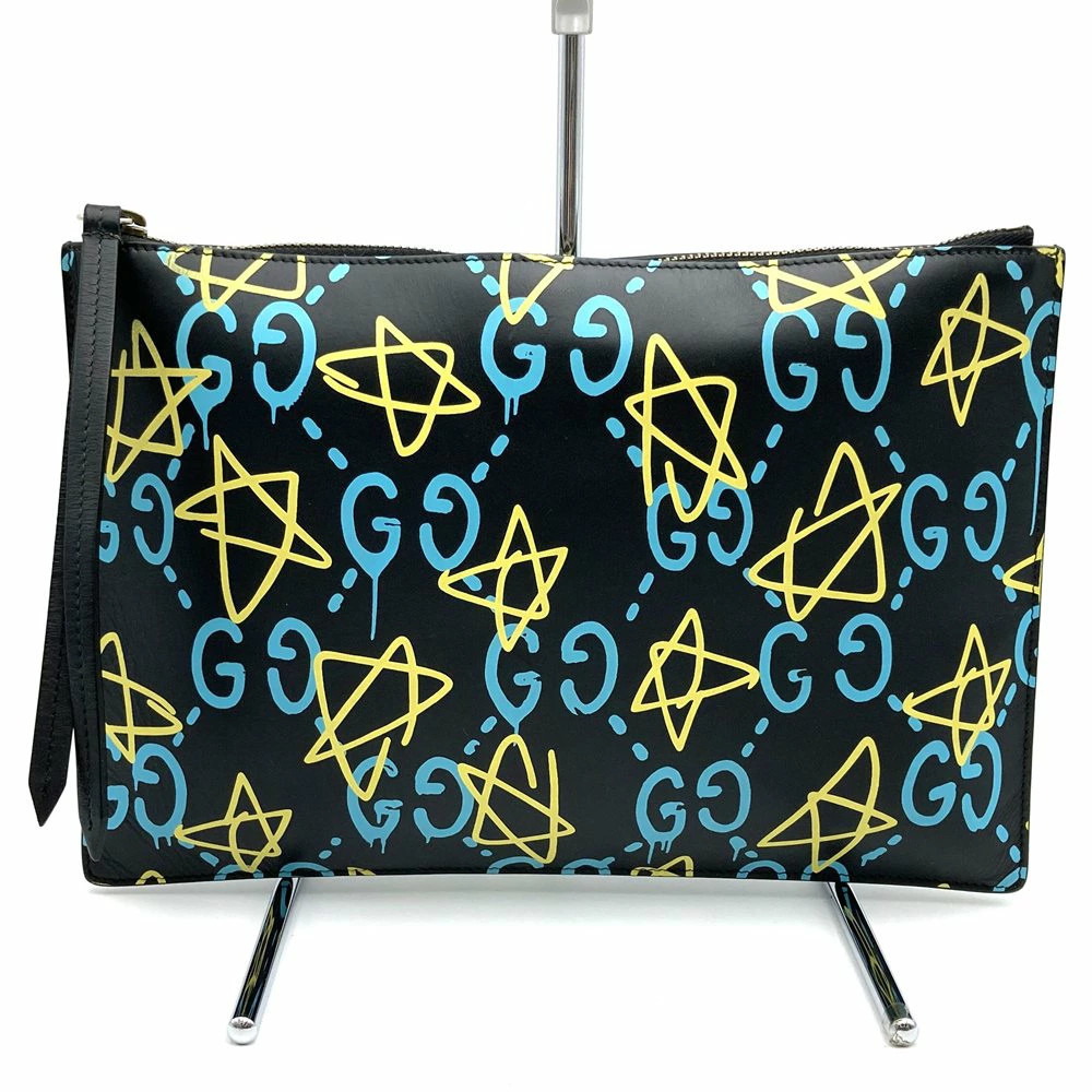 Gucci Ghost 445597 Clutch Bag Trouble Andrew Collaboration Leather Black
