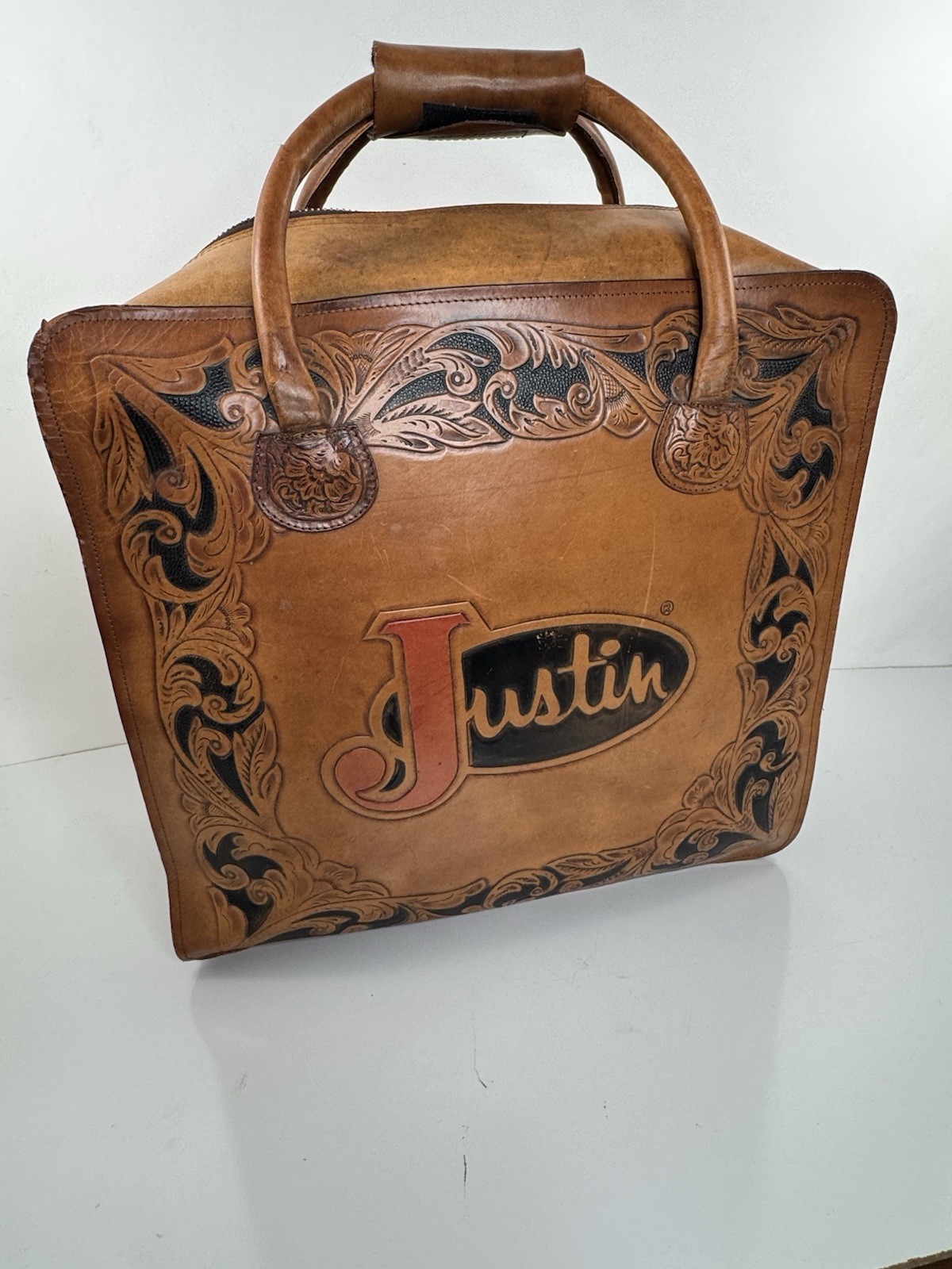 JUSTIN Boots – LEATHER Tooled VERY LARGE Hat Western Luggage Travel Bag