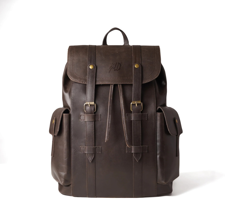 Leather Backpack Men Brown Green Laptop Office Travel Bag Double Shoulder Strap