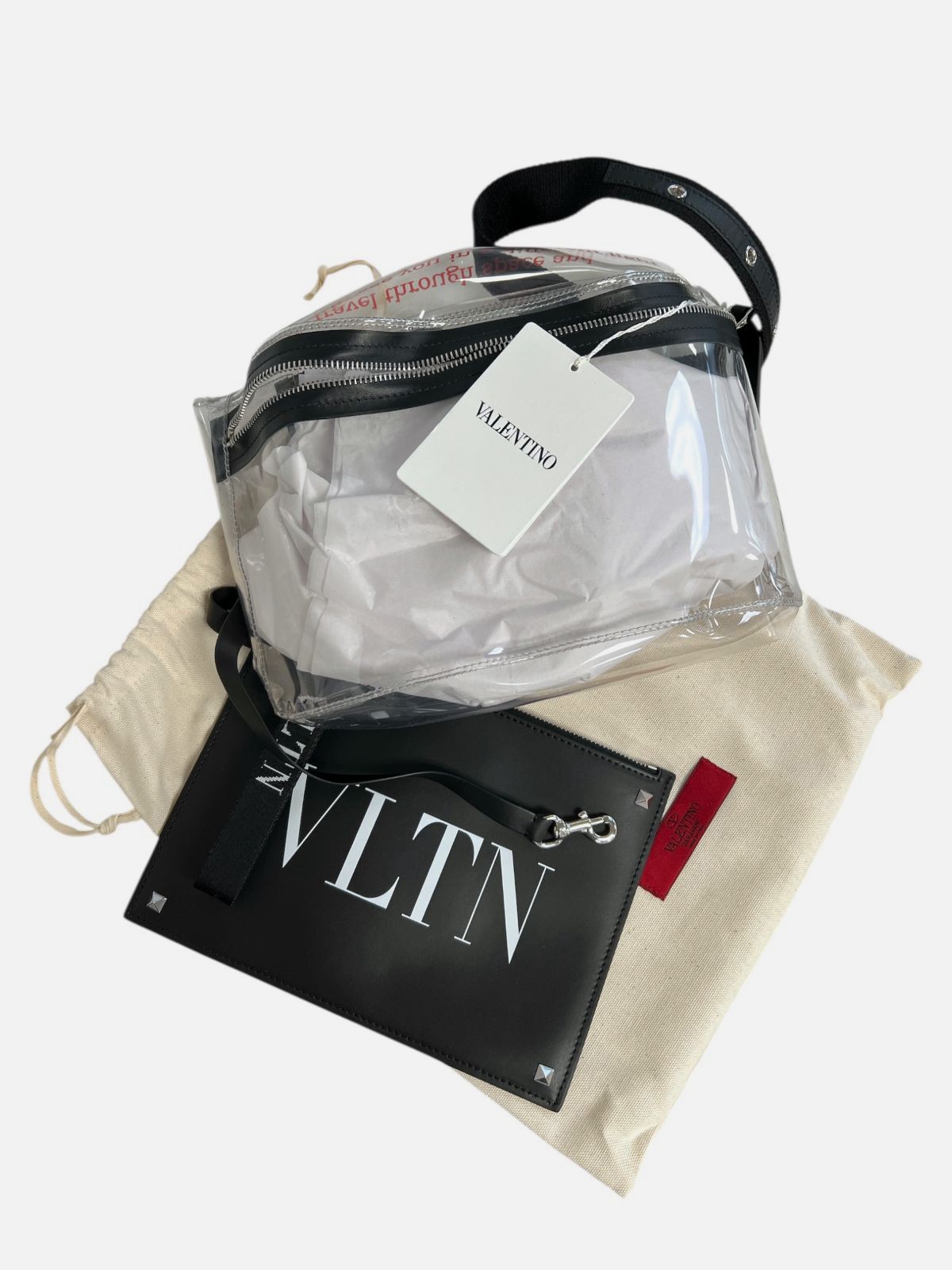 VALENTINO GARAVANI Men’s Transparent VLTN Logo Leather Crossbody Belt Pouch Bag