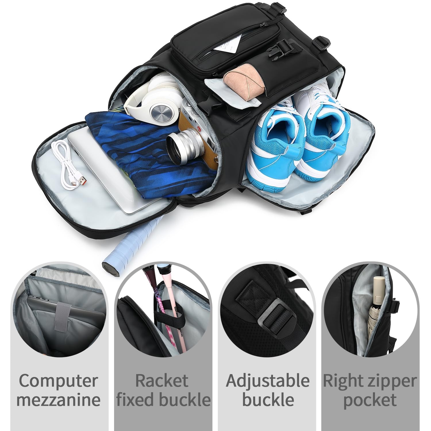 Gym Duffle Tennis Bag Backpack 4Way Waterproof Shoes Compartment Black 02