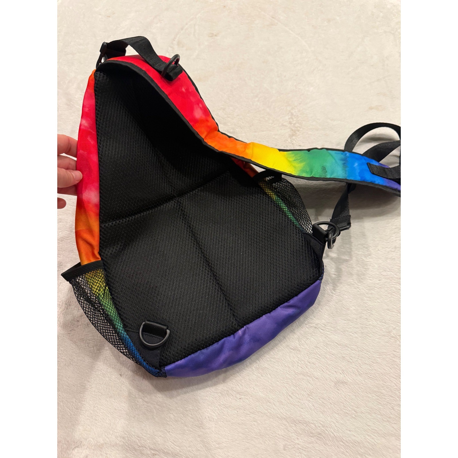 Rainbow Tie Dye Sling Bag Crossbody Backpack Festival Travel Mesh Pockets 15in