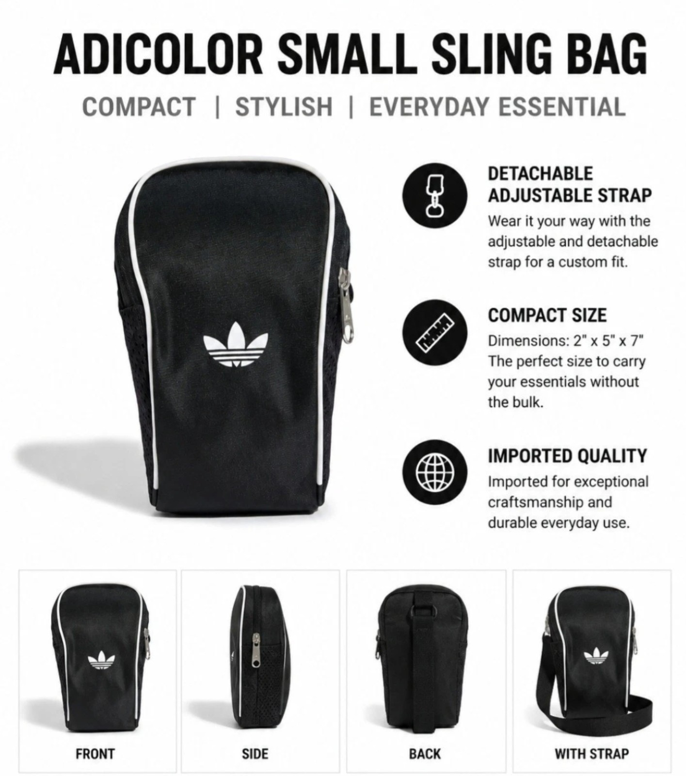 Adidas Adicolor Small Black Sling Bag Unisex Crossbody Adjustable Strap Zipper