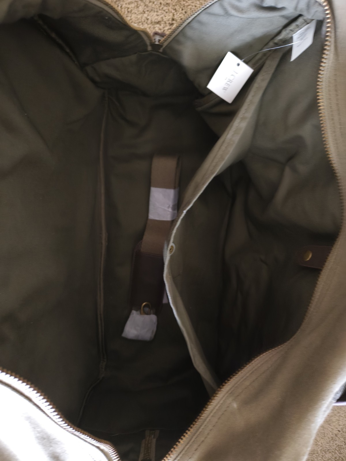 J.CREW Men’s Solid Green/Brown Travel Duffle Bag, Zip Closure, Leather Handles