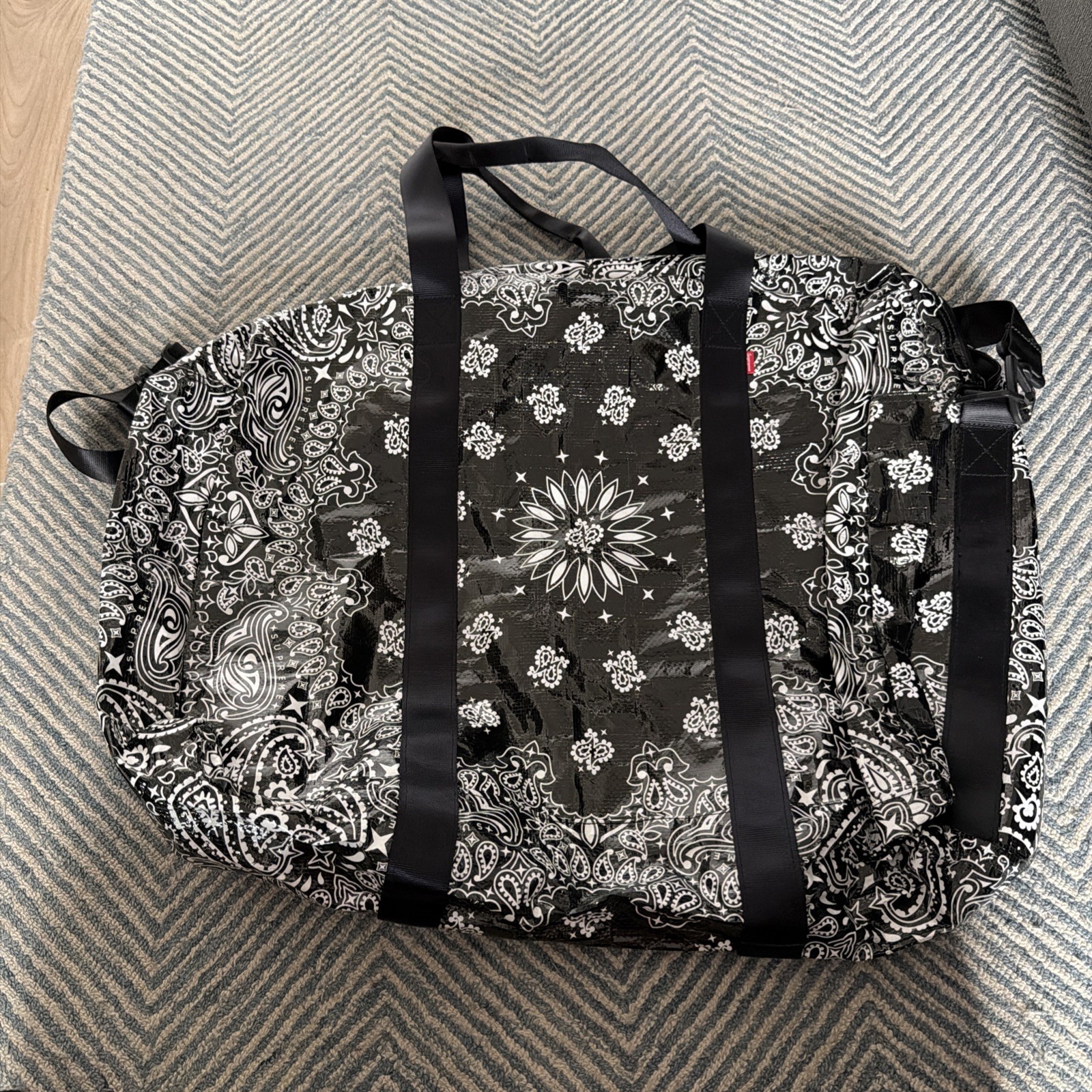 Supreme SS21 Box Logo Black Large Paisley Bandana Tarp Polypropylene Duffel Bag
