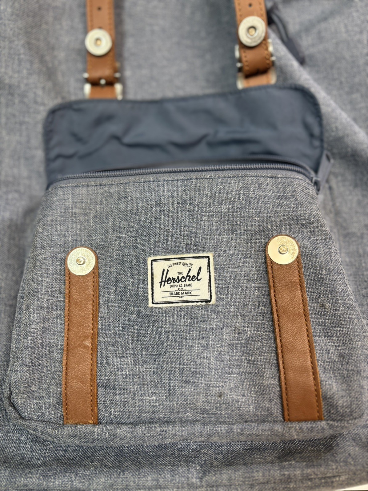 Herschel Supply Company Blue Canvas Backpack with Brown Leather Straps