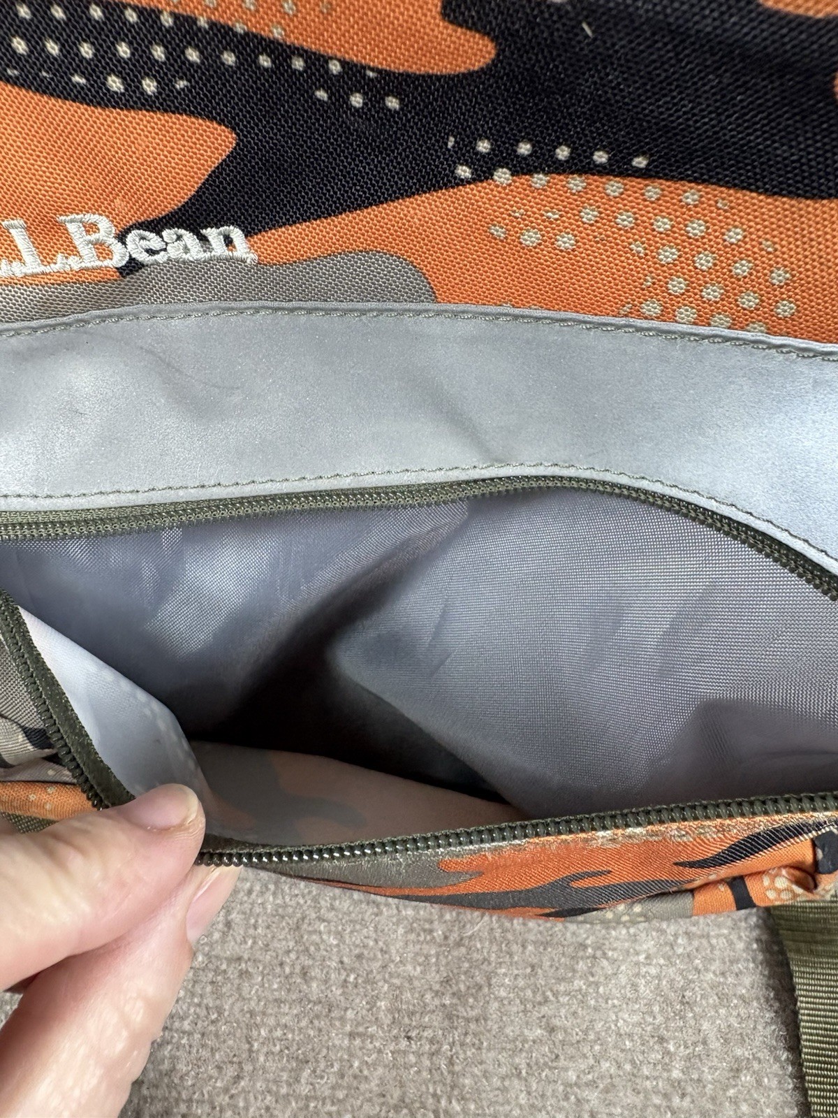 LL Bean Backpack Orange Grey Black Camo Reflective Outdoors School Item #236564