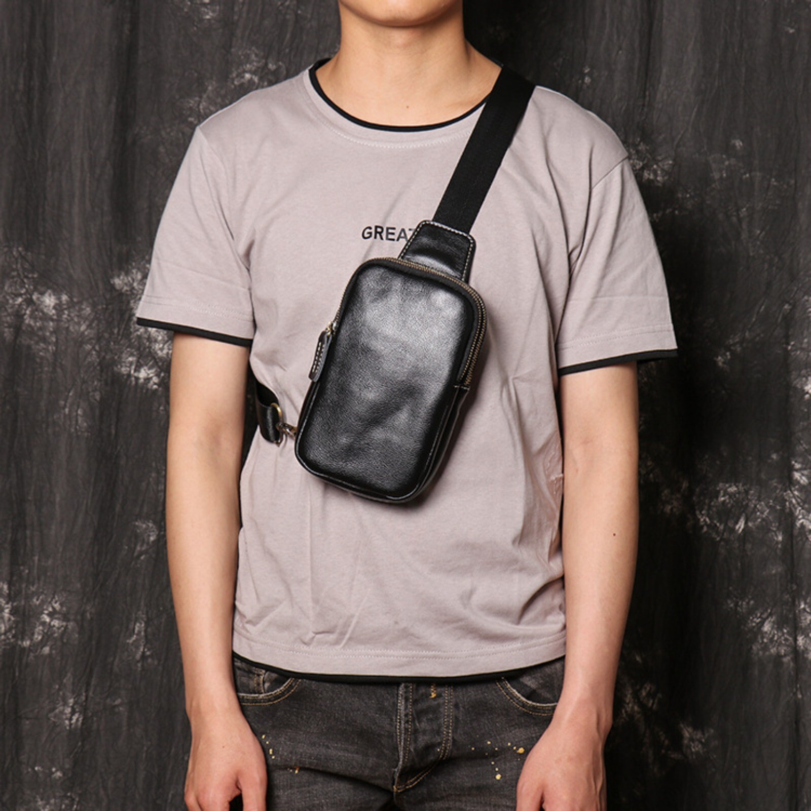 Men Black Leather Sling Bag Crossbody Shoulder Chest Pouch Small Travel Pack