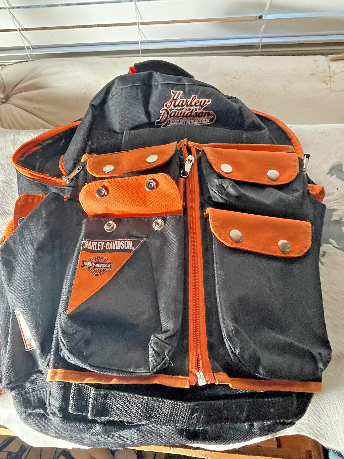 Harley Davidson Backpack 19 x 15 in Black Orange Zip Pockets Embroidered