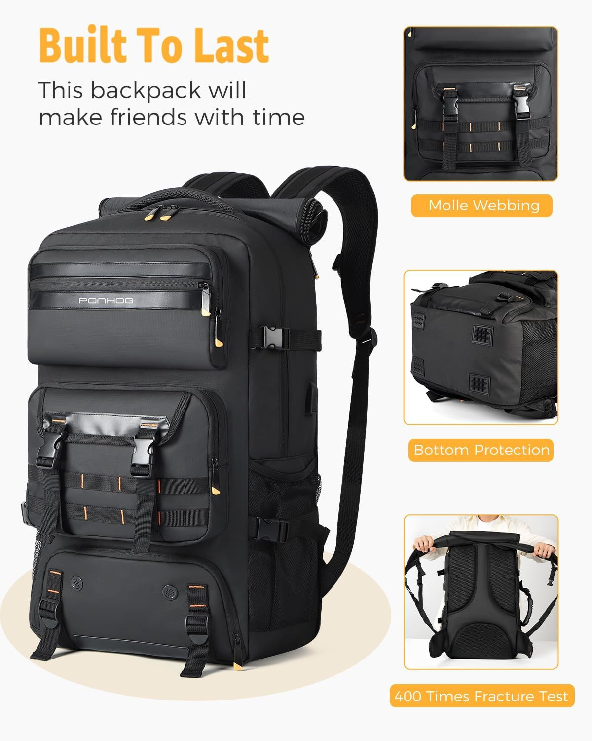 50L Travel Backpack for Men, Flight Approved Duffle with USB Port & Shoe Compart