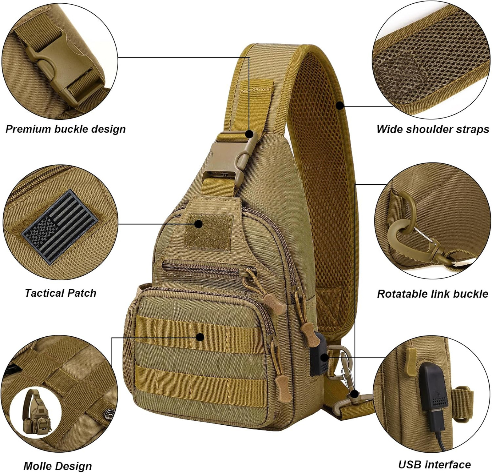 Tactical Crossbody Bag with Water Bottle Holder, MOLLE EDC Shoulder Sling Chest