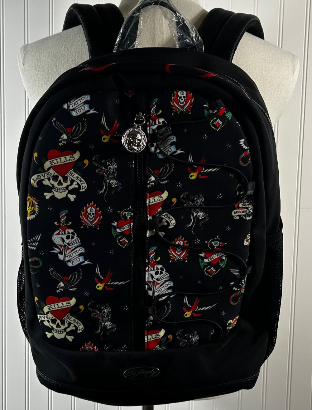 ED HARDY – Full Size NEW Backpack BLACK Multicolor Skull / Heart Tattoo Print