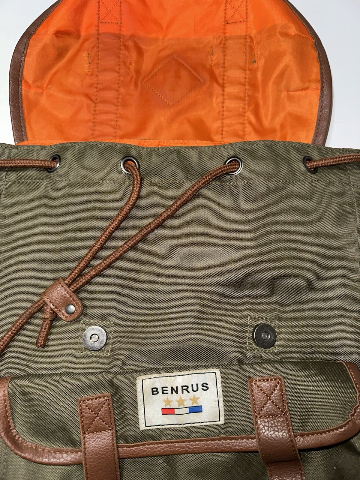 Vintage BENRUS Heritage Scout Backpack Green Brown Faux Leather Trim Excellent