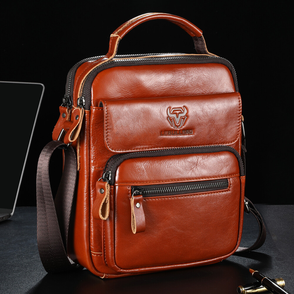 LEBULLBRO Mens Genuine Leather Sling Shoulder Bags Crossbody Business Office Bag