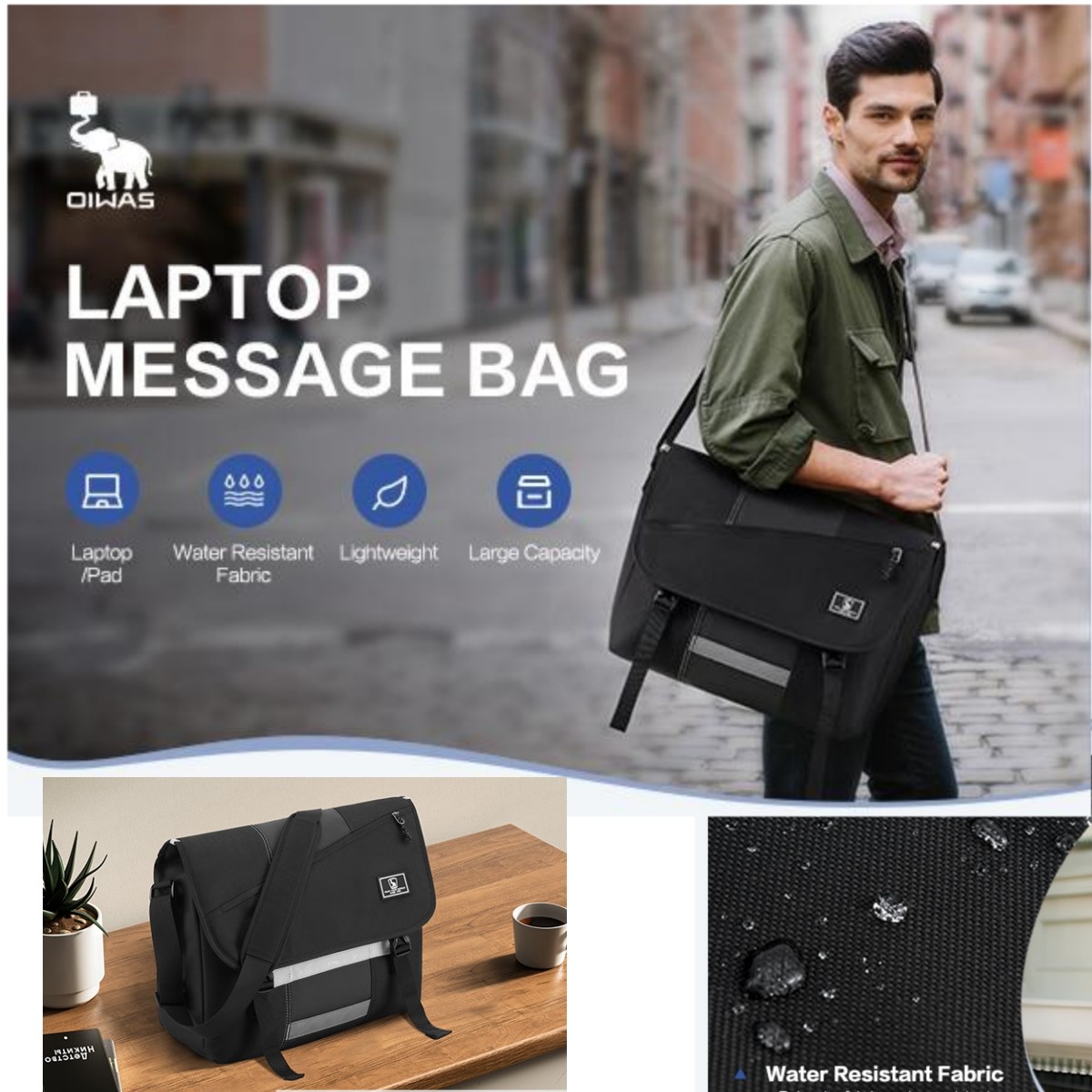 OIWAS Black Messenger Bag 17″ School Shoulder Bag Laptop Crossbody Bag Case
