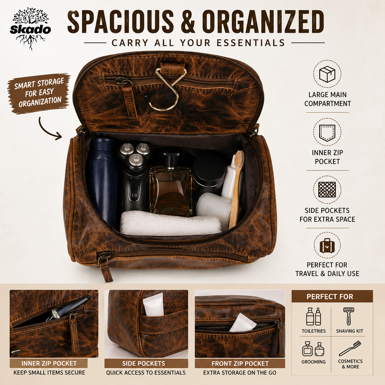 Buffalo Leather Toiletry Bag Travel Hanging Dopp Kit Shaving Makeup Case Unisex