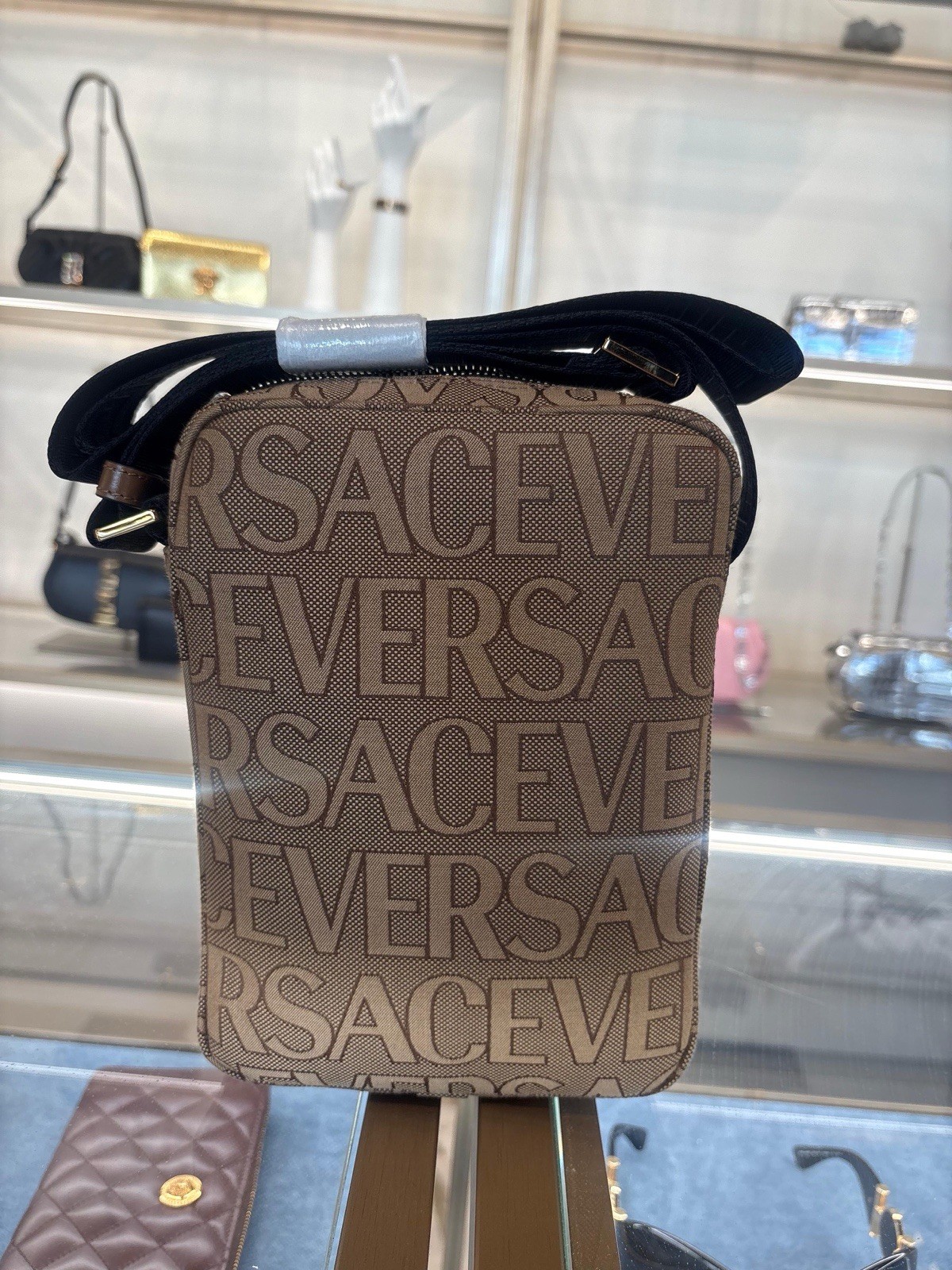 Versace Crossbody Canvas Fabric Allover Beige/brown $1200 Retail Authentic
