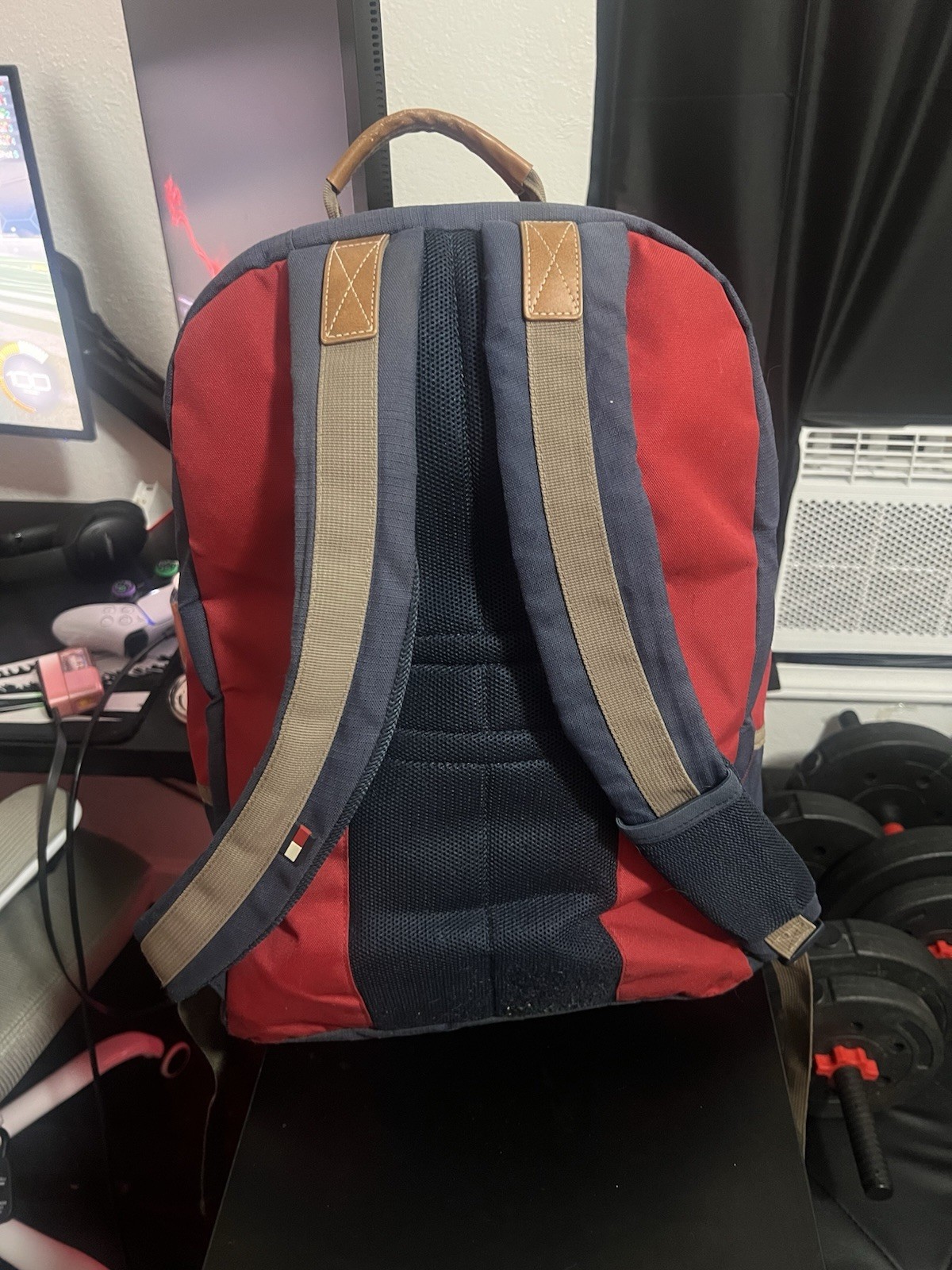 Tommy Hilfiger Red/Blue/Tan Colorblock Backpack Zip, Padded Adjustable Strap