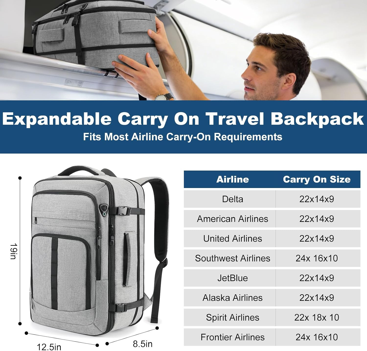 Travel Backpack,Carry on Backpack Expandable 40-50L with USB Cable Port,Fits 17.