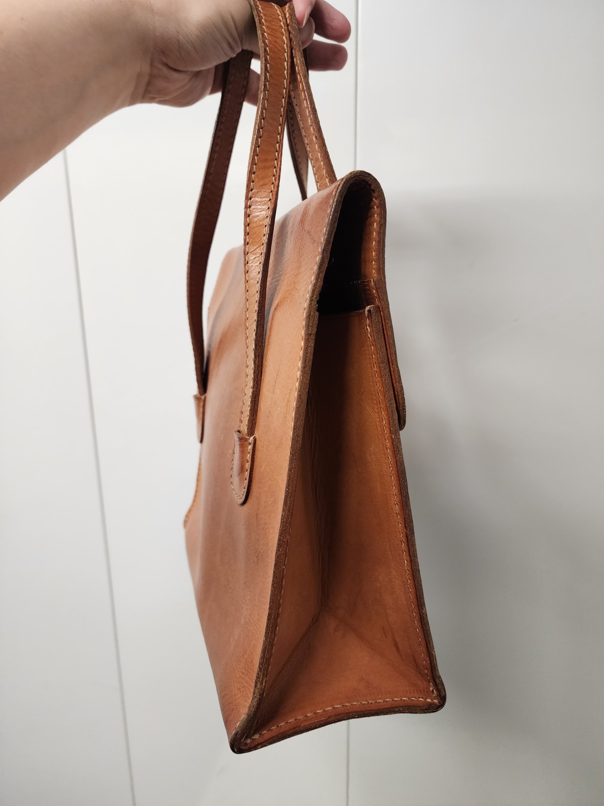 Rugged Satchel Tote Bag | Tan Brass Leather Strap Made in USA VG