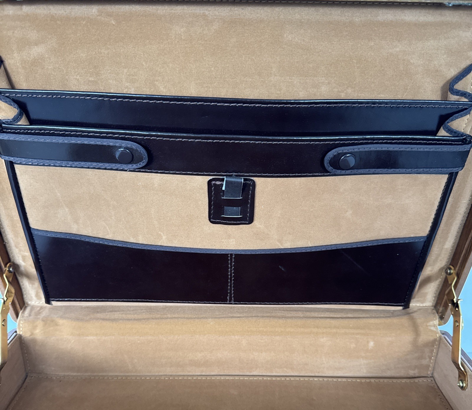 MCM Wood Briefcase Suede Interior Presto Locks Warm Red Tone with Instructions