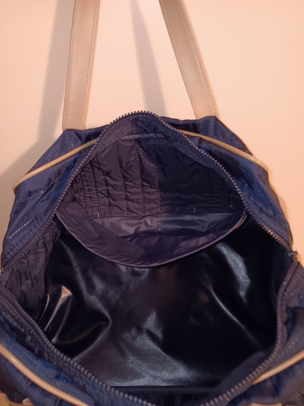 Austads Blue And Tan Bag With Rigid Base And Lower Zippered Area
