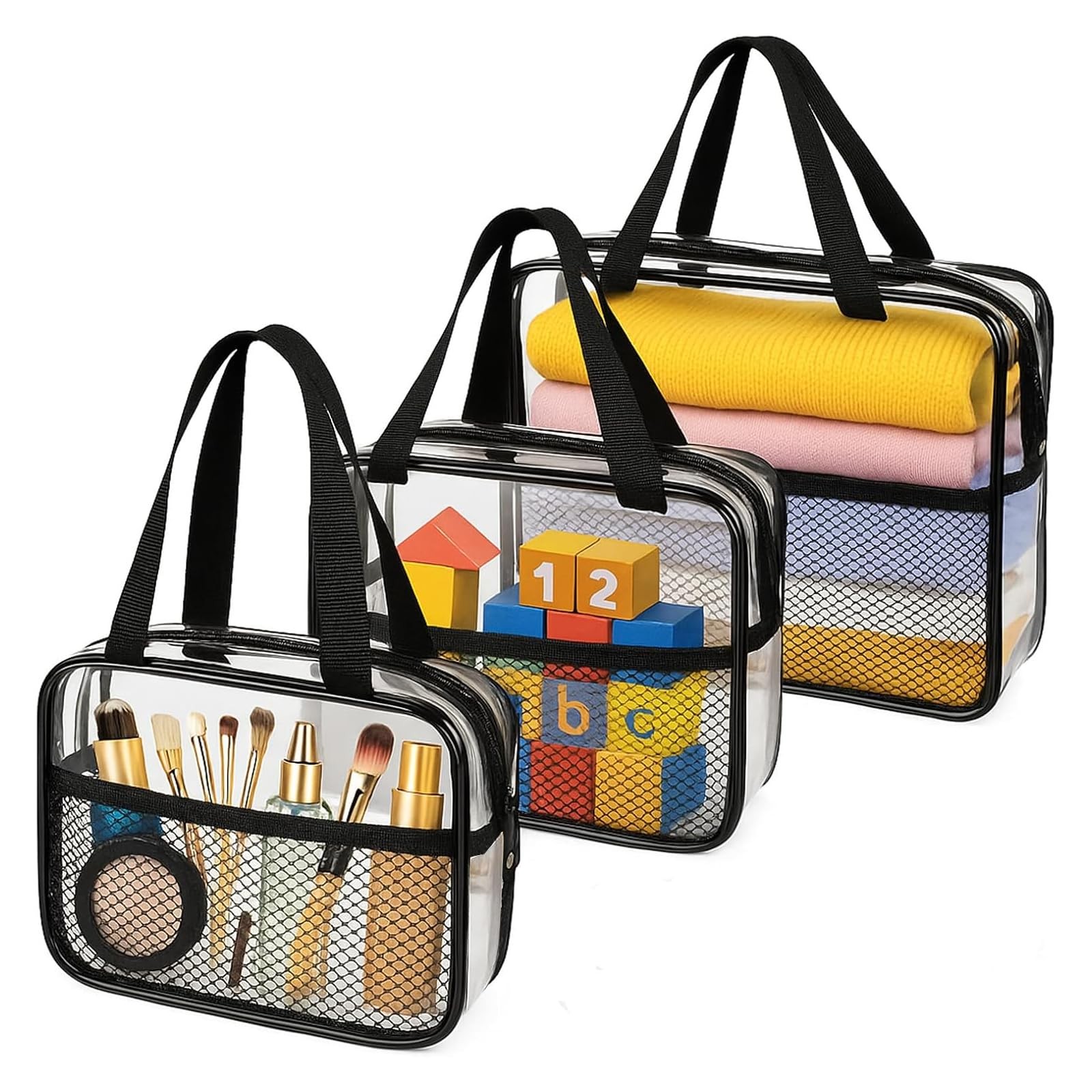 Large Small Clear Travel Toiletry Bags with Handles & Large, Black