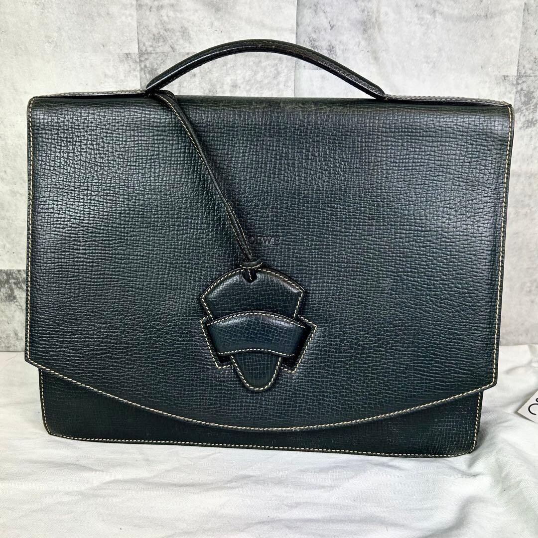 LOEWE Barcelona Leather Business Handbag Top Handle Dark Green Womens 37cm