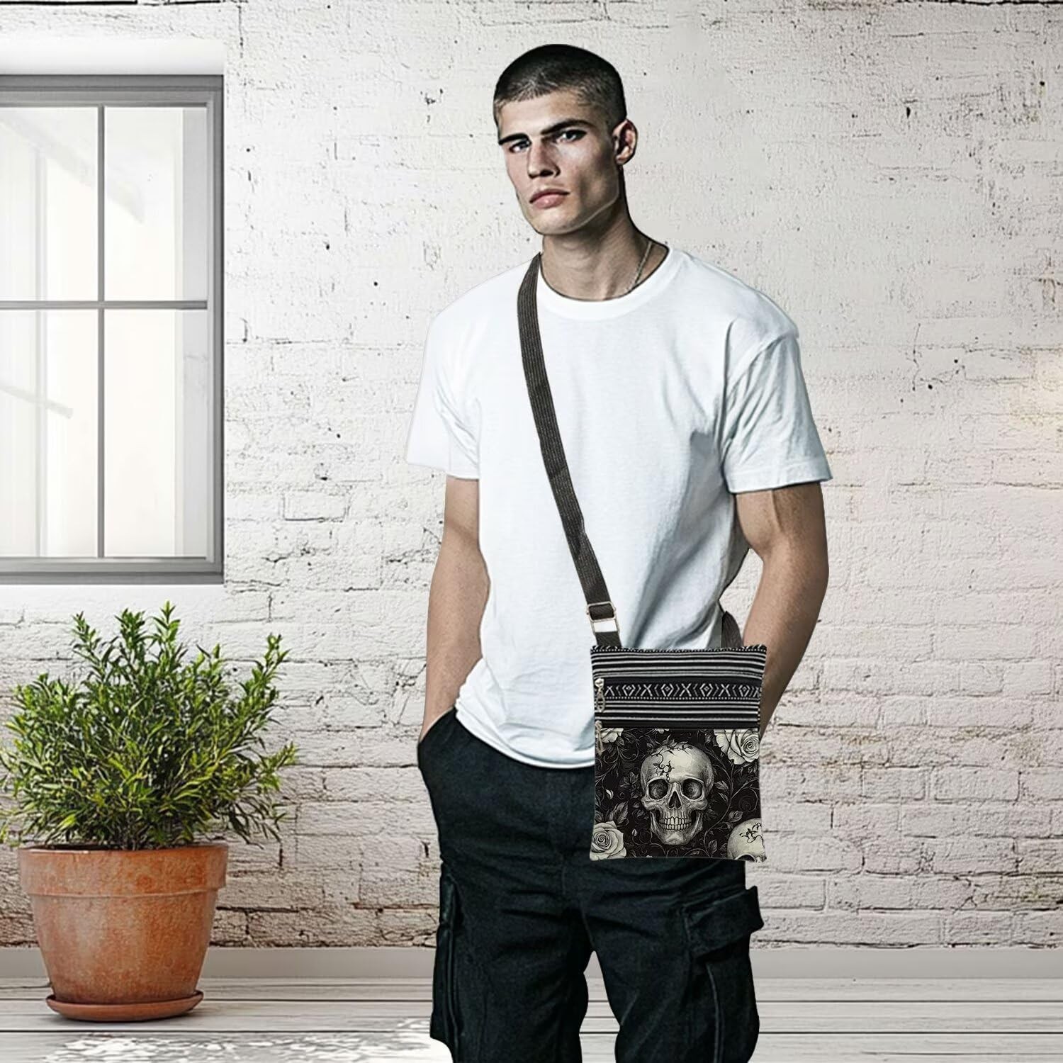 XiaoGalaee Gothic Skull & Rose Crossbody Bag Adjustable Strap Unisex 19