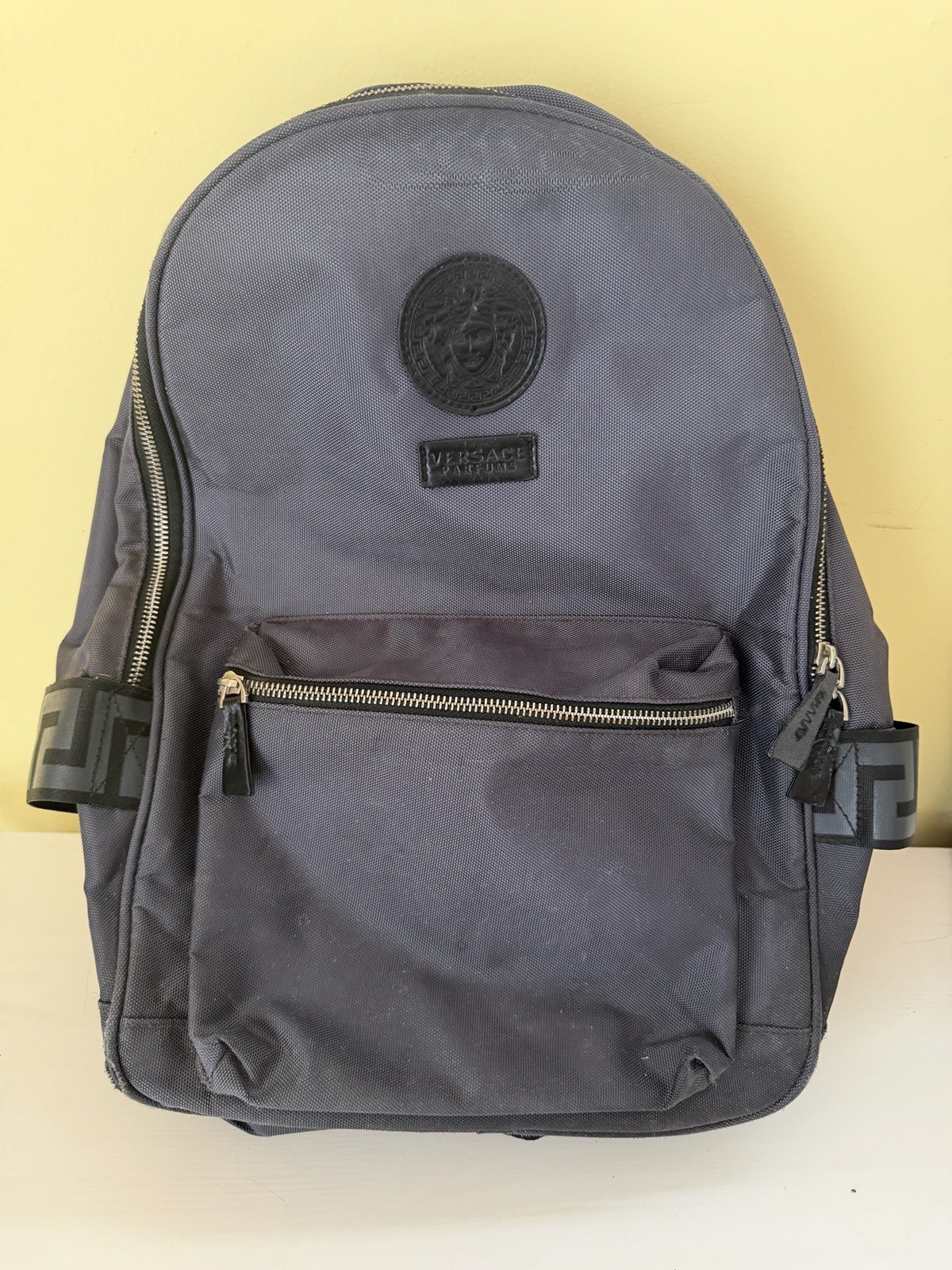 Authentic Versace Parfums Medusa Gray Backpack Greek Key Strap Rare Promo Bag