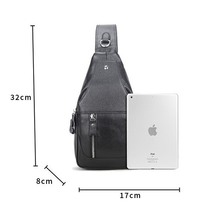 Genuine Leather Sling Backpack, Black Men‘s Crossbody Chest Bag Causal Daypack