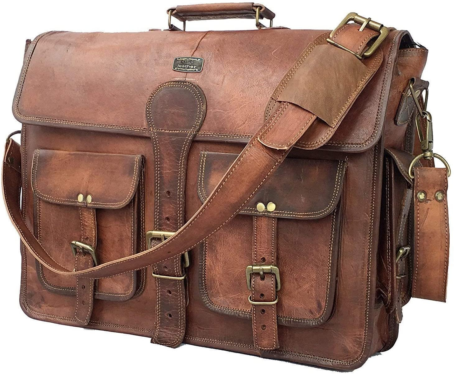 Vintage Leather Messenger Bag for Men – 18″ Laptop Satchel – Dark Brown