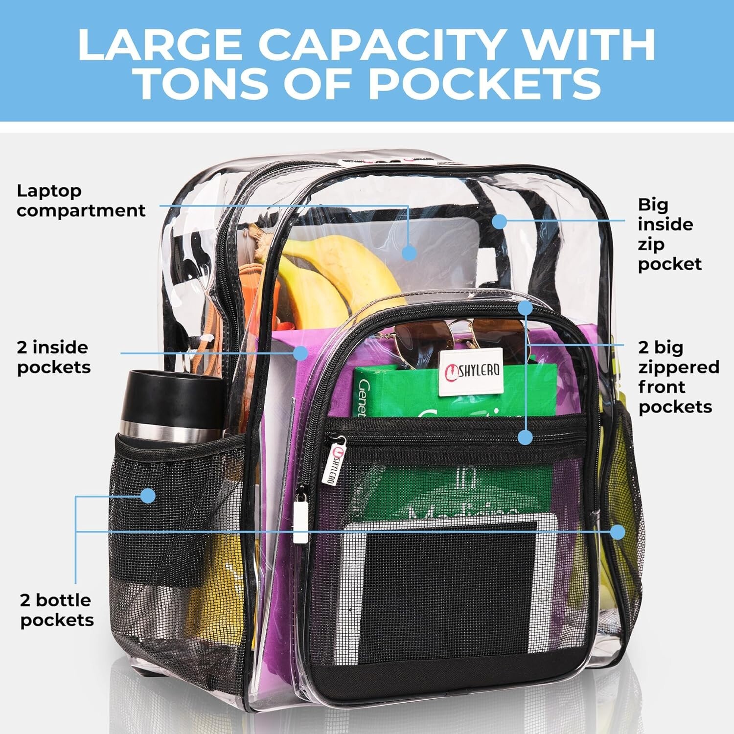 Versatile Transparent Black Backpack with Reflective Strips and Anti-Theft Lock