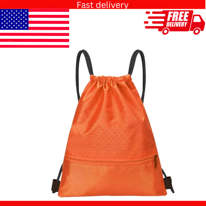 Drawstring Backpack Bag, Waterproof Draw String Back Sack with Zip Pocket, Gym D