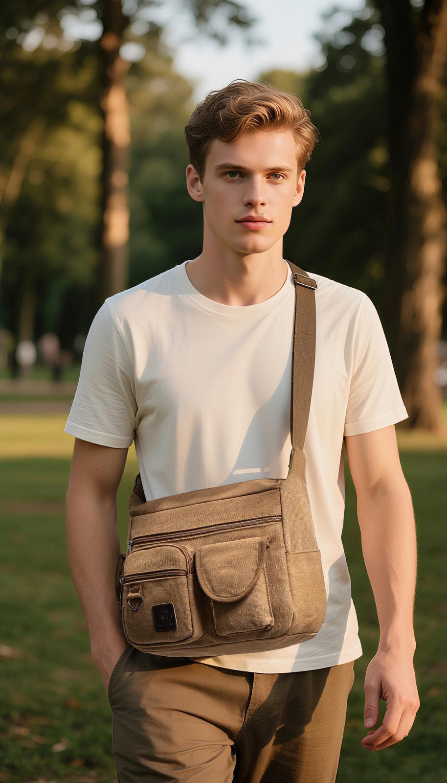 Men Vintage Canvas Crossbody Bag Multi Pocket Messenger Shoulder Bag Work Travel