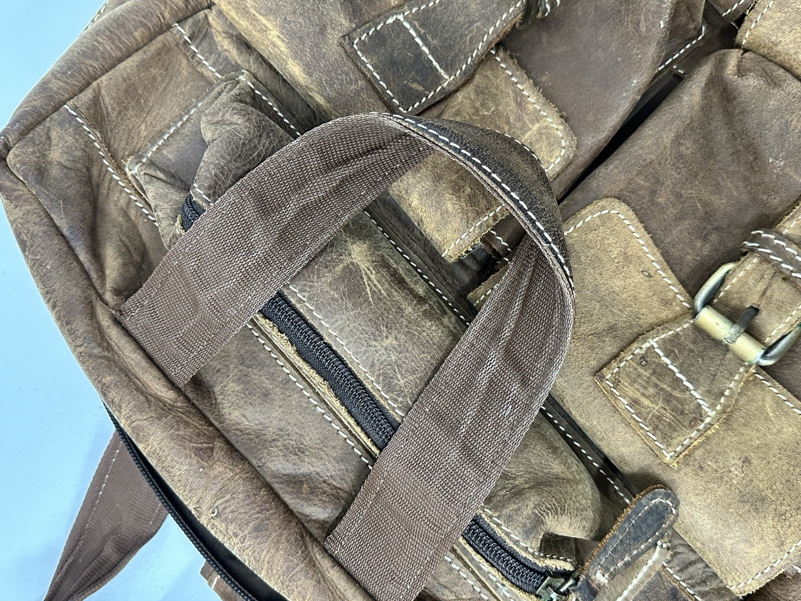 Sam’s Buffalo 18″ DISTRESSED VINTAGE LEATHER BACKPACK – Handmade, Needs Repair