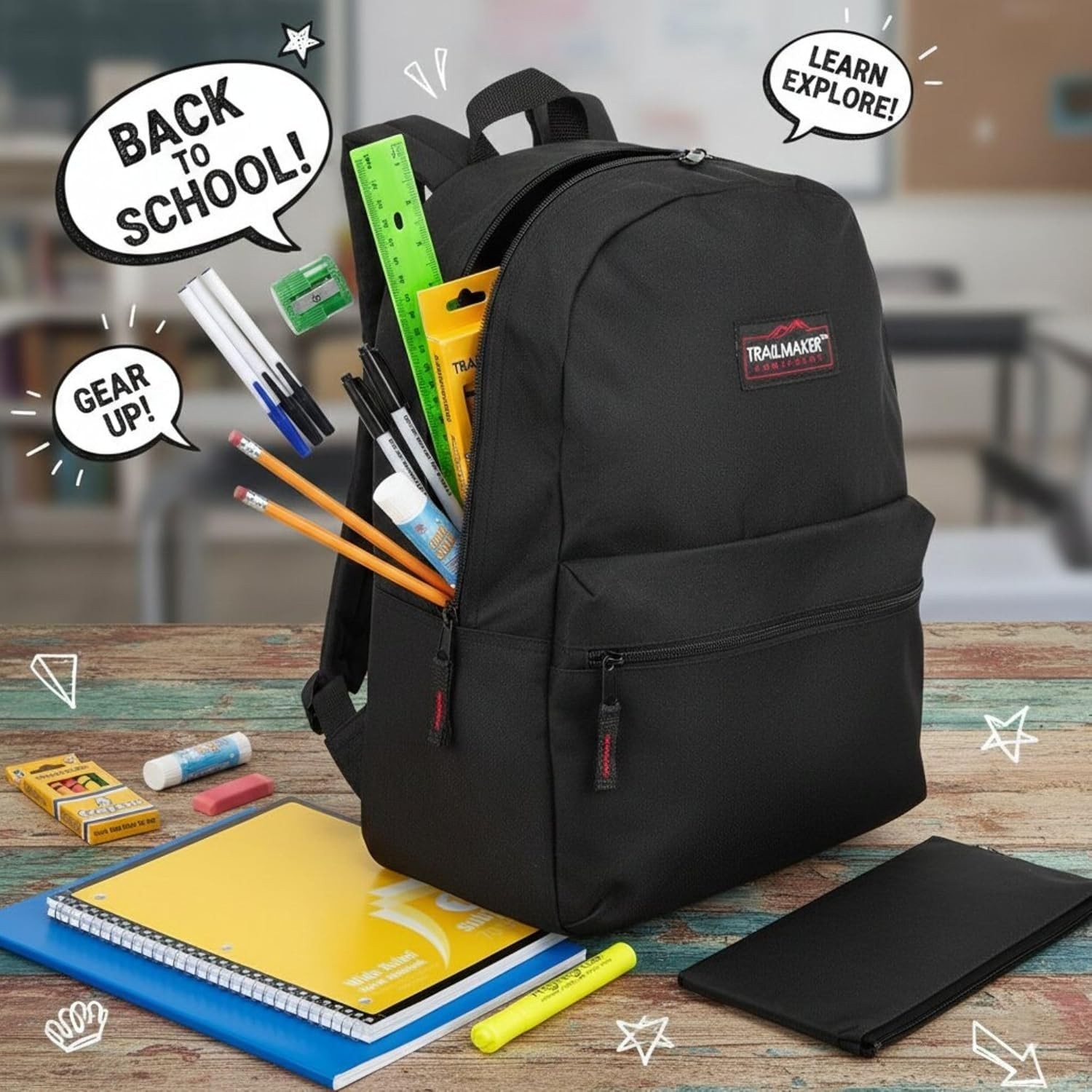 Backpacks with Adjustable Padded Straps 17 in for School Girls Boys (Black)