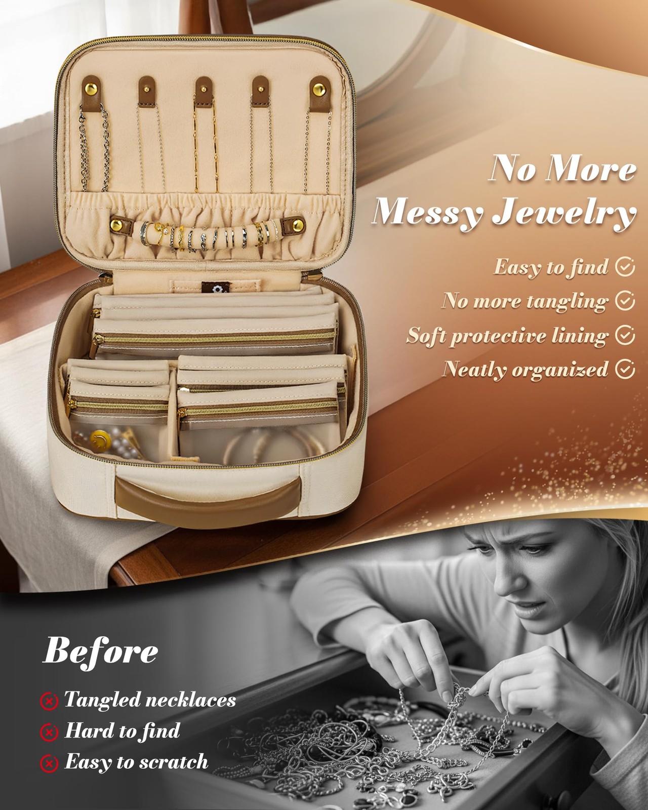 Mancro Travel Jewelry Case Organizer for Women 24.13 x 19.05 x 8.64 cm, Beige